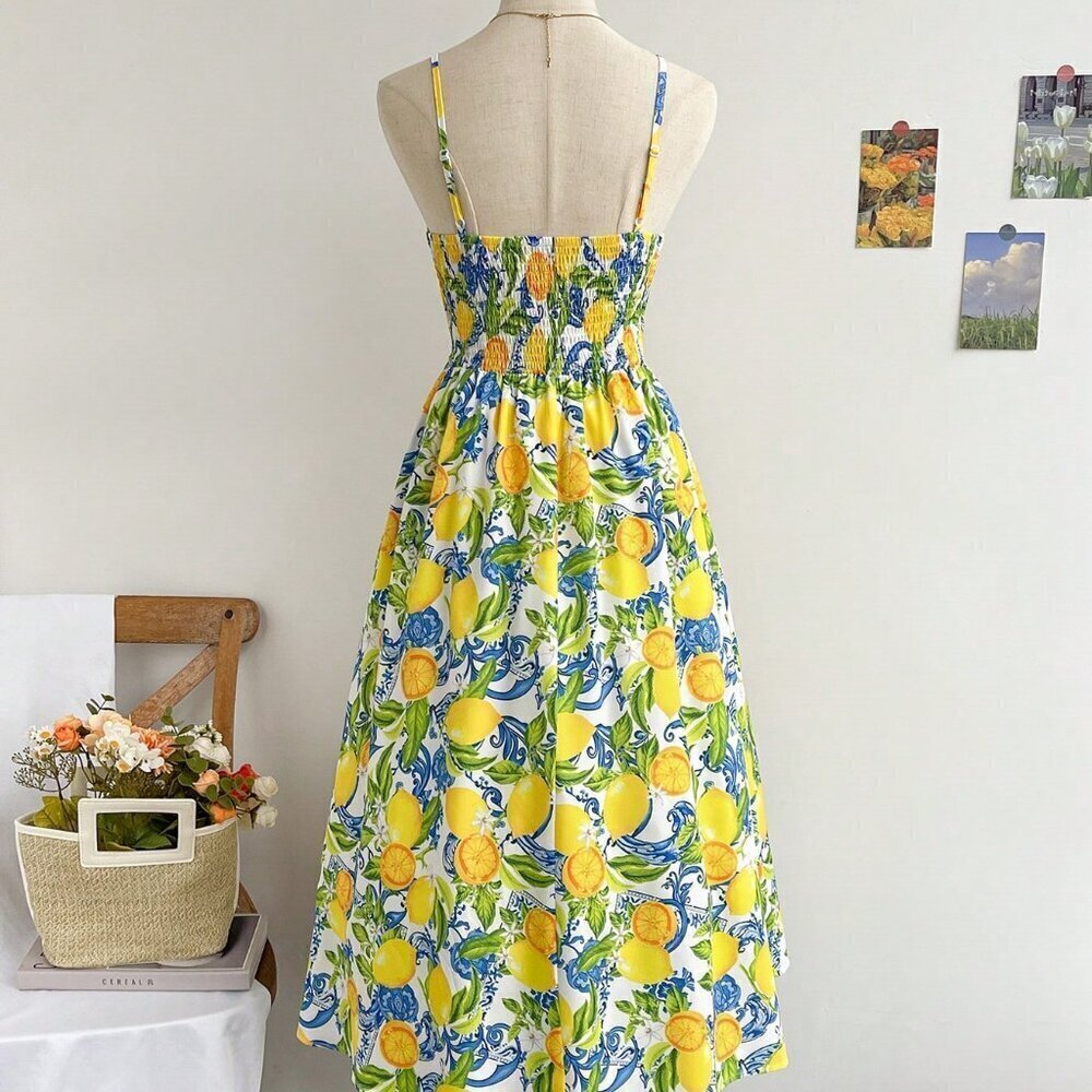 Multicolor Boho Women's Spaghetti Strap V-Neck Knotted Waist A-Line Midi Dress - Picture 2 of 7